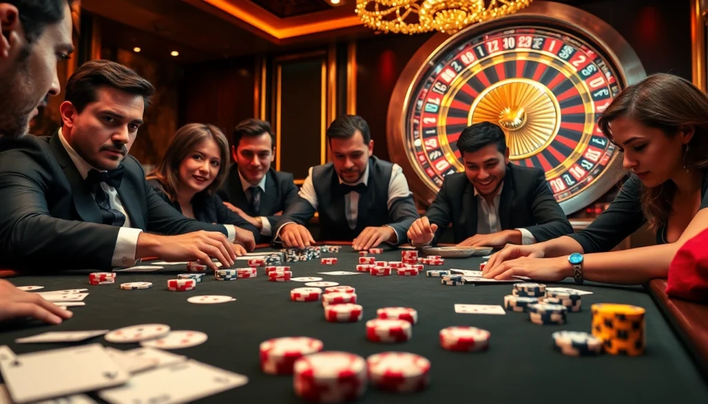 Intense poker players at the NK88 table, showcasing vibrant gambling strategies and excitement.