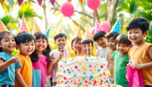A joyful moment at a Singapore birthday party with children gathering around a colorful birthday cake.