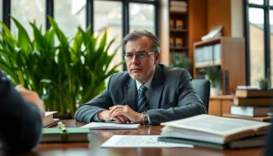 Agriculture lawyer consulting clients in a modern office setting, highlighting professional expertise.