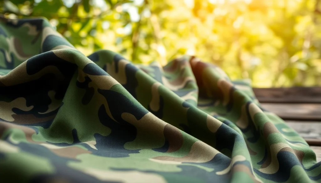 Verken katoen met legerprint; army print in een natuurlijke omgeving met textuurdetails.