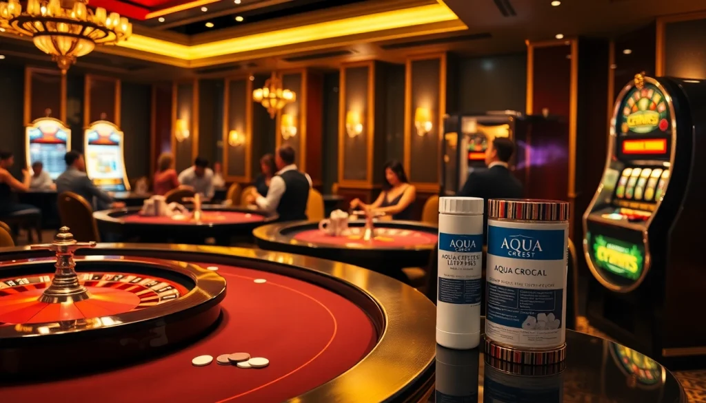 AQUA CREST LT1000PC ADQ747935 Refrigerator Water Filter and Air Filter showcased in a luxurious casino scene while players celebrate a win.