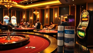 AQUA CREST LT1000PC ADQ747935 Refrigerator Water Filter and Air Filter showcased in a luxurious casino scene while players celebrate a win.
