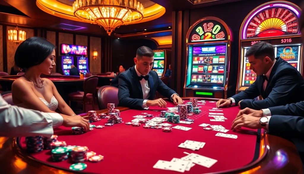 High-stakes poker gameplay at MK8 casino showcasing vibrant chips, intense players, and luxury atmosphere.