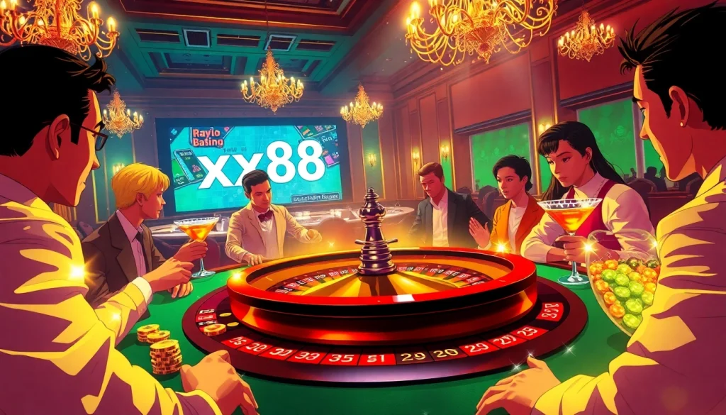 Thrilled players betting at a roulette table with the xx88 link visible, showcasing excitement and luxury.