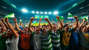 Excited football fans celebrating live match highlights with dynamic visuals of ผลบอลสด7m scores.