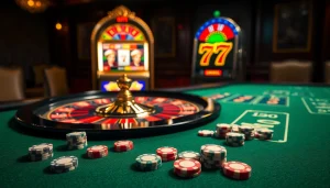Experience the thrill of seven 77 at an upscale casino table with vibrant poker chips.