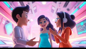 Engaging scene of animated characters showcasing nsfw ai interaction in a futuristic setting.