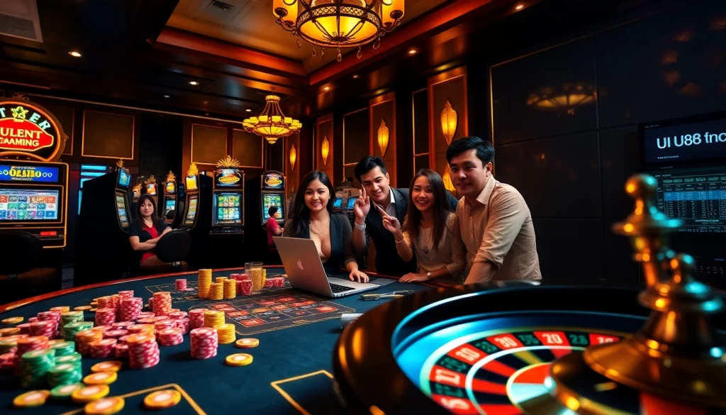 Engaged players at a UU88 casino table, showcasing an exciting gambling atmosphere.