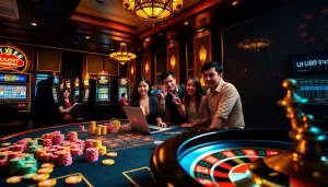 Engaged players at a UU88 casino table, showcasing an exciting gambling atmosphere.
