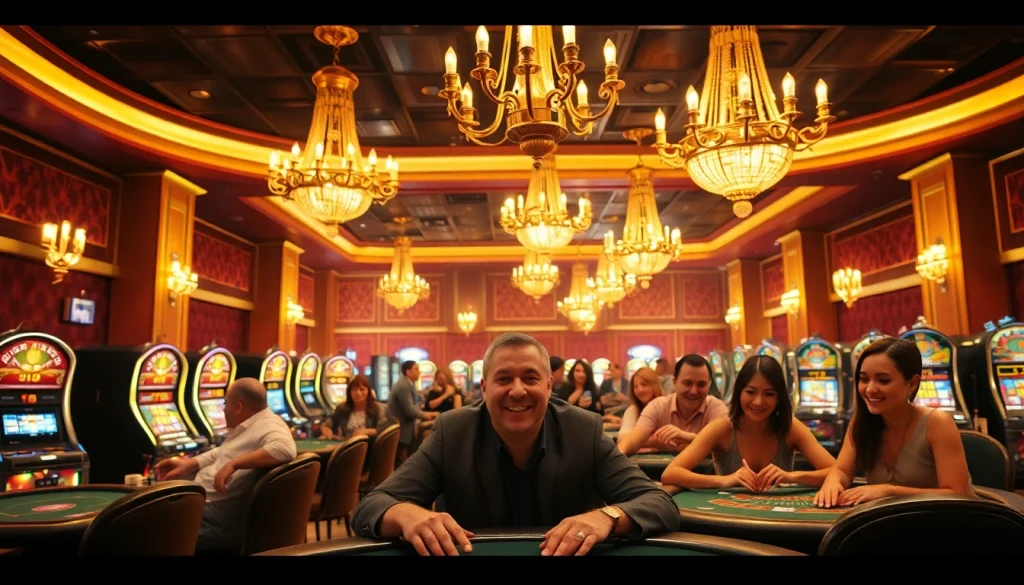 Mostbet VIP aksiyalarla dolu lüks kazino içərisi, oyunçuların sevincli üzləri görünür