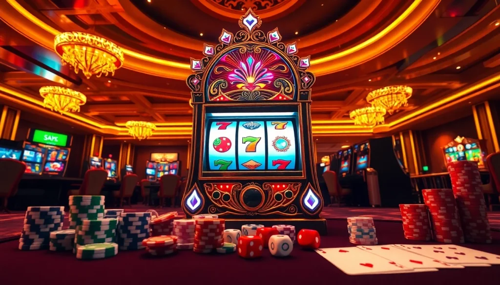 Putar mesin slot deposit pulsa untuk memenangkan jackpot menarik dengan elemen kasino yang berwarna-warni.