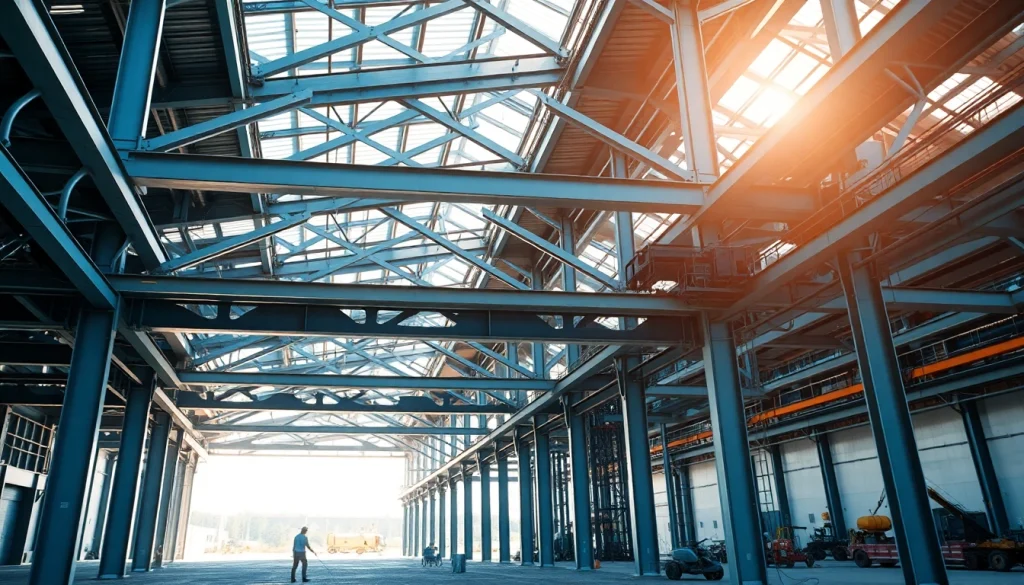 Showcasing steel structure design in a modern industrial environment with intricate beams.