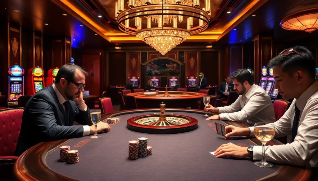 Engage with sbobet betting at a thrilling poker table in a luxurious casino setting.