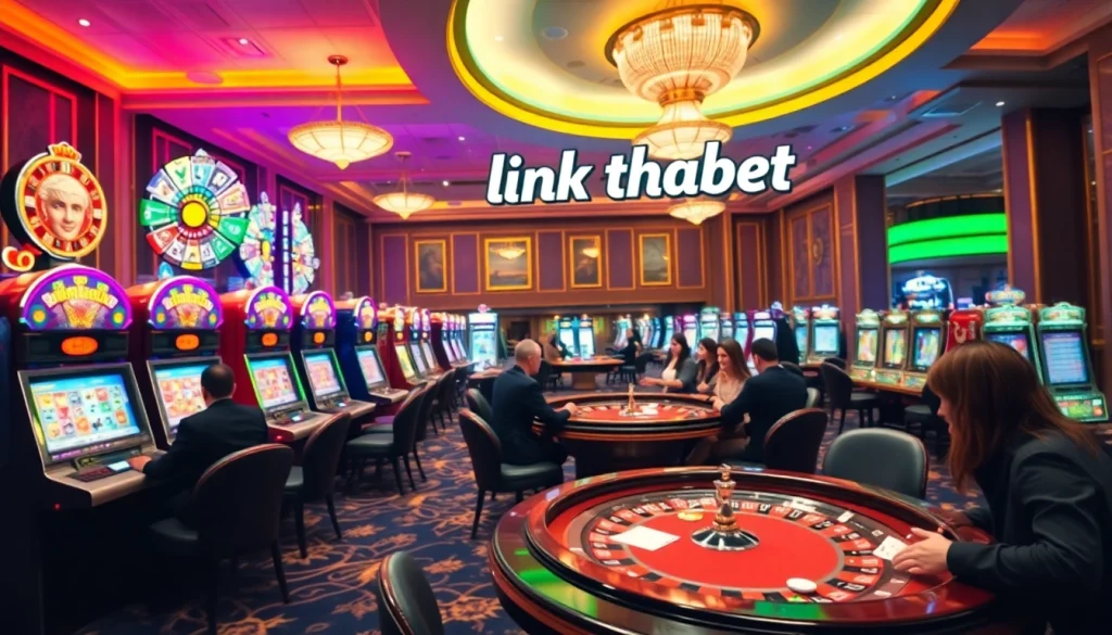 Engaging players at a vibrant casino showcasing link thabet with lively slot machines and tables.