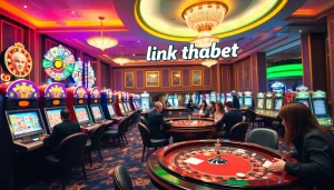 Engaging players at a vibrant casino showcasing link thabet with lively slot machines and tables.