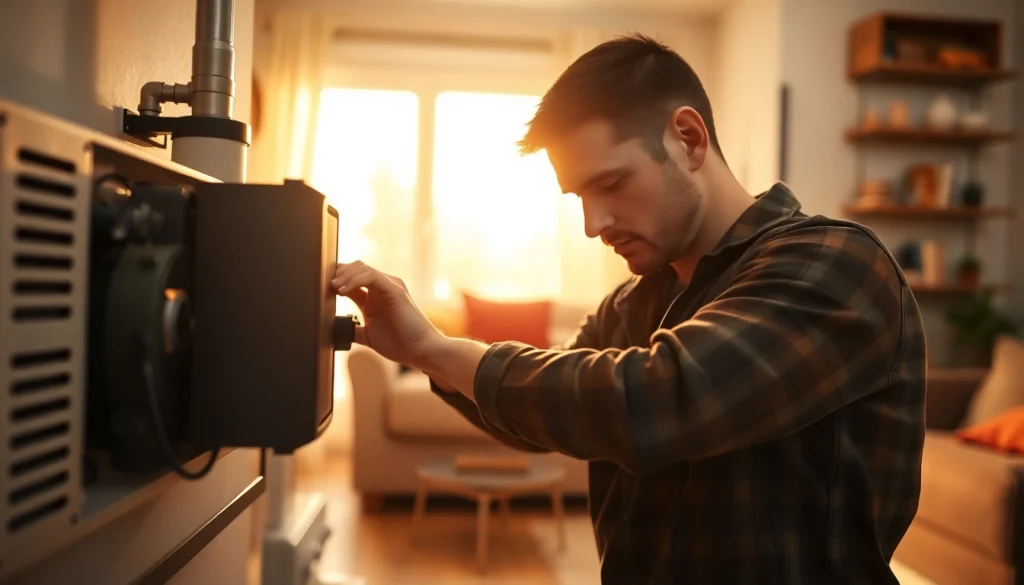 Technician providing heating repair pound ridge service in a warm, cozy living room setting.