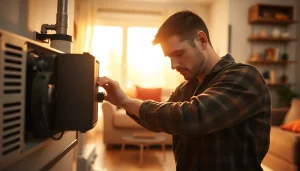 Technician providing heating repair pound ridge service in a warm, cozy living room setting.