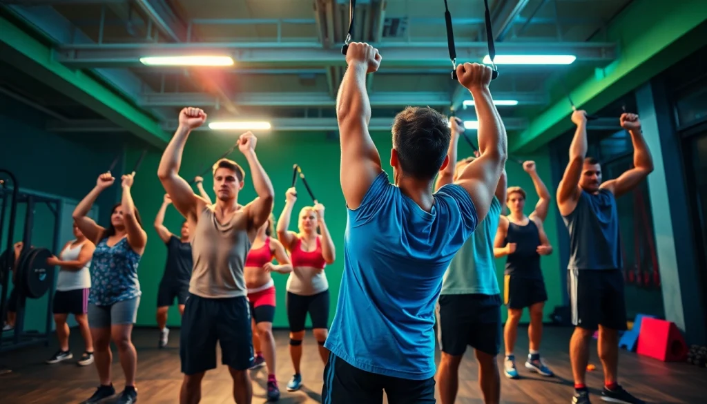 Individuals using pull-up assist bands in a vibrant gym, showcasing strength and fitness.