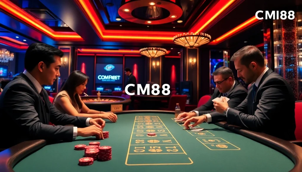 CM88 poker players engaging in a high-stakes game at a luxurious casino table.