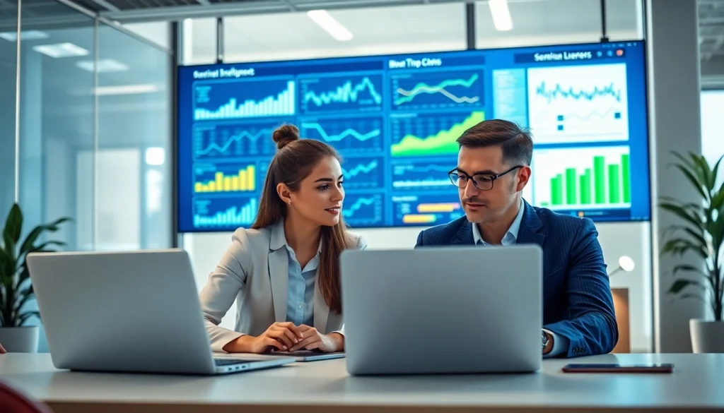 Analyze competitive intelligence for sales strategies in a modern office.