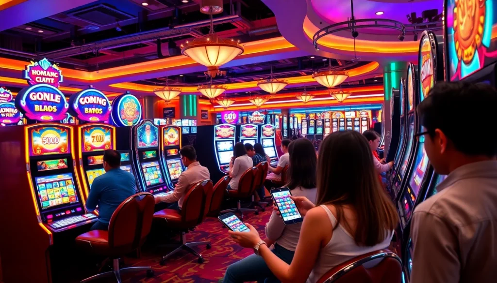 Pemain menikmati permainan slot deposit pulsa di lingkungan kasino yang hidup.