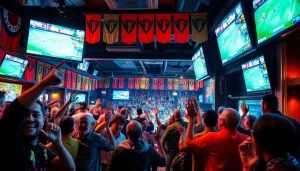 مشجعون يهتفون في بار رياضي حيوي أثناء مباراة كورة لايف، يعكسان الشغف والحماس.