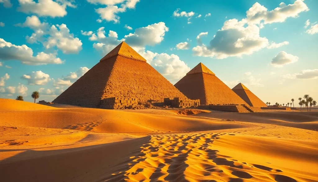 Piraminds standing majestically against a sunset backdrop, showcasing ancient architecture.