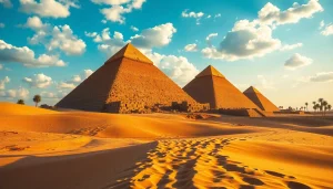 Piraminds standing majestically against a sunset backdrop, showcasing ancient architecture.