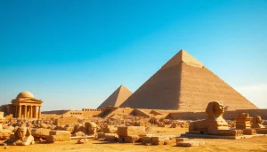 Explore piraminds with ancient temples in a majestic setting under a clear blue sky.