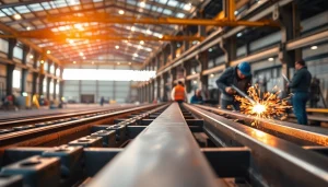 Workers engaged in structural steel fabrication using tools in an industrial setting.