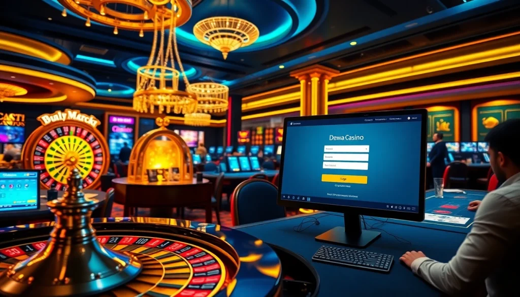 Engage in the dewacasino login experience with vibrant online casino visuals featuring roulette and slot games.
