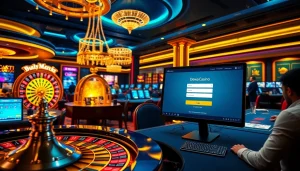 Engage in the dewacasino login experience with vibrant online casino visuals featuring roulette and slot games.