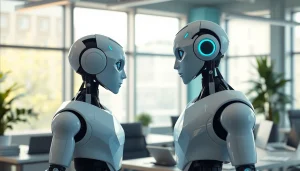 AI Employee humanoid robot assisting in a modern office setting, demonstrating productivity and intelligence.