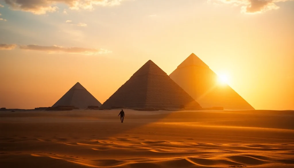 Visitors admiring the majestic pyramids at sunset, showcasing the beauty of piraminds.