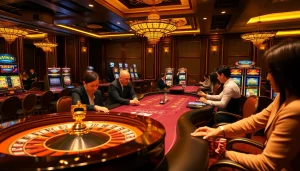 Experience the excitement of Haywin with vibrant casino games featuring roulette wheels, slot machines, and enthusiastic players.