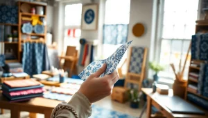 Creëren met delfts blauwe stof in een kleurrijke stoffenstudio.