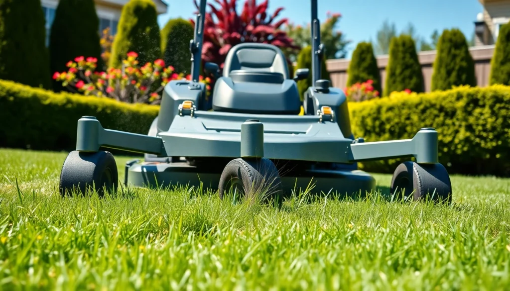 Zero turn mowers for sale in action on a pristine lawn, showcasing a modern mower cutting grass efficiently.