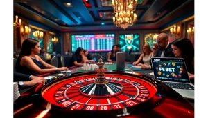 Players enjoying a thrilling game at F8BET casino, with roulette, poker chips, and online gaming.