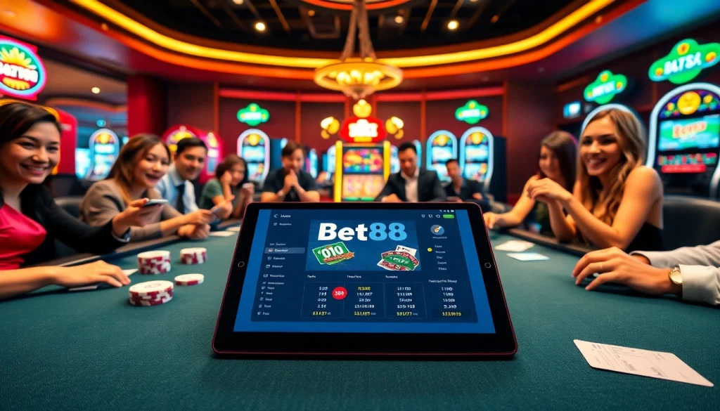 Bet88 players engaging in a thrilling poker game at a luxurious casino.