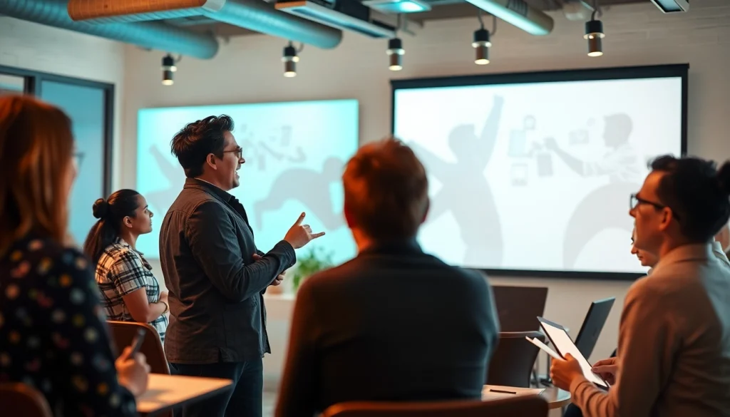 Business coach Los Angeles leading a workshop with engaged participants in a modern office.