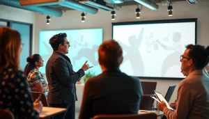 Business coach Los Angeles leading a workshop with engaged participants in a modern office.