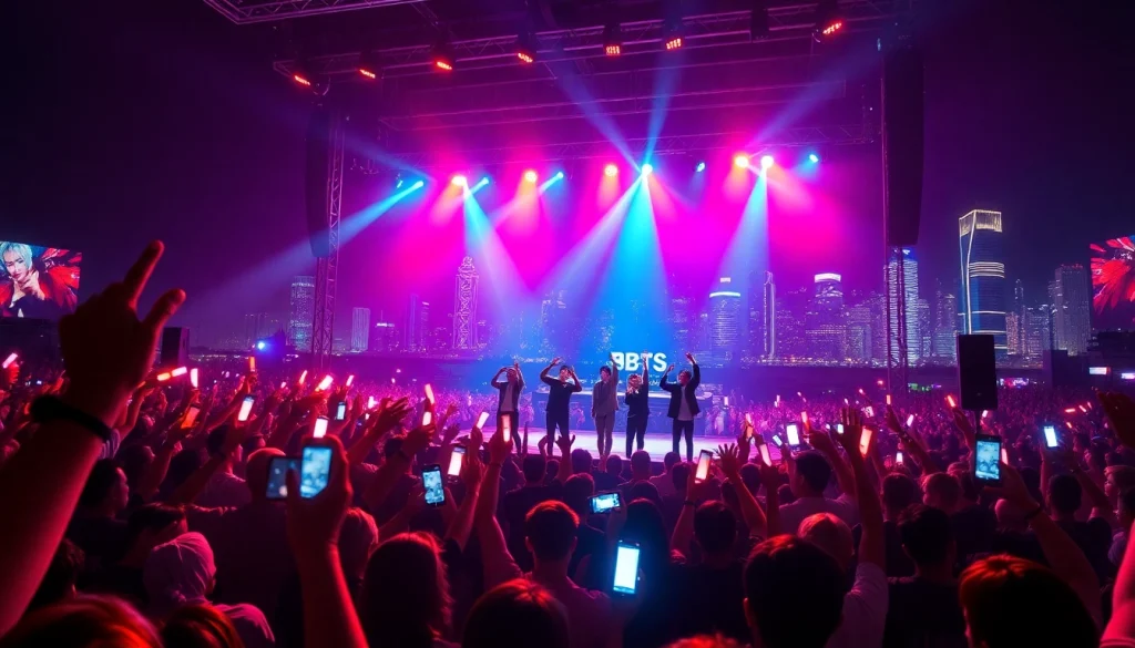 BTS news featuring a lively concert scene with fans enjoying an energetic performance.