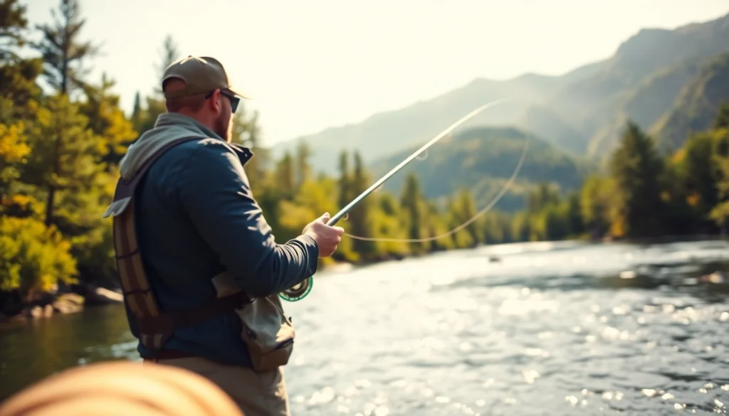 Angler casting fly fishing line over a tranquil river scene with lush greenery.