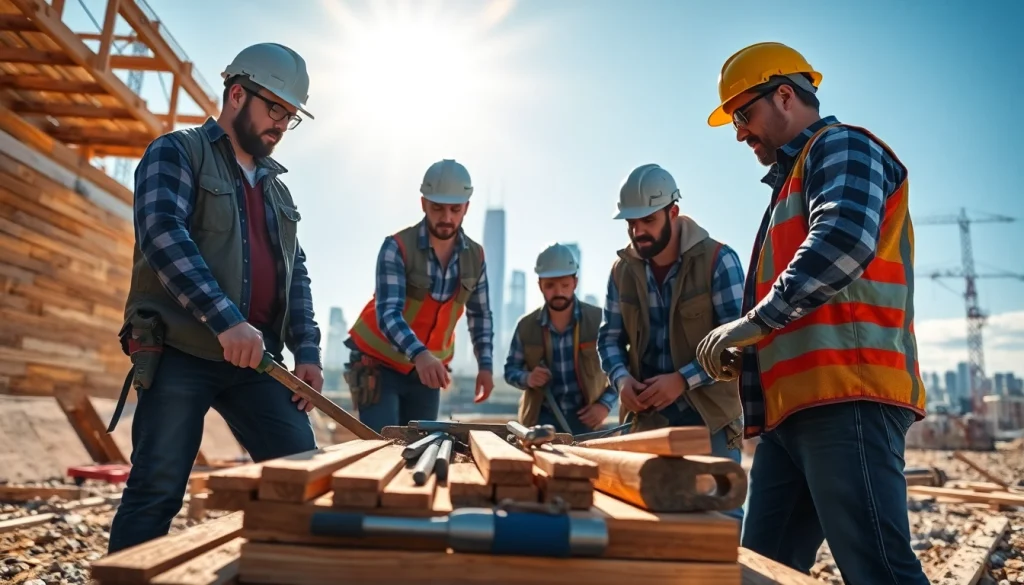 Showcase of careers in construction with workers actively building in a vibrant site.