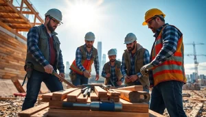 Showcase of careers in construction with workers actively building in a vibrant site.