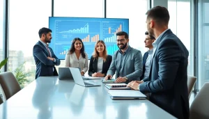 Engaged professionals discussing growth strategy trends in a modern office.