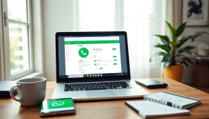 展示在笔记本电脑上的 WhatsApp Web 的高效工作区，象征现代通信。