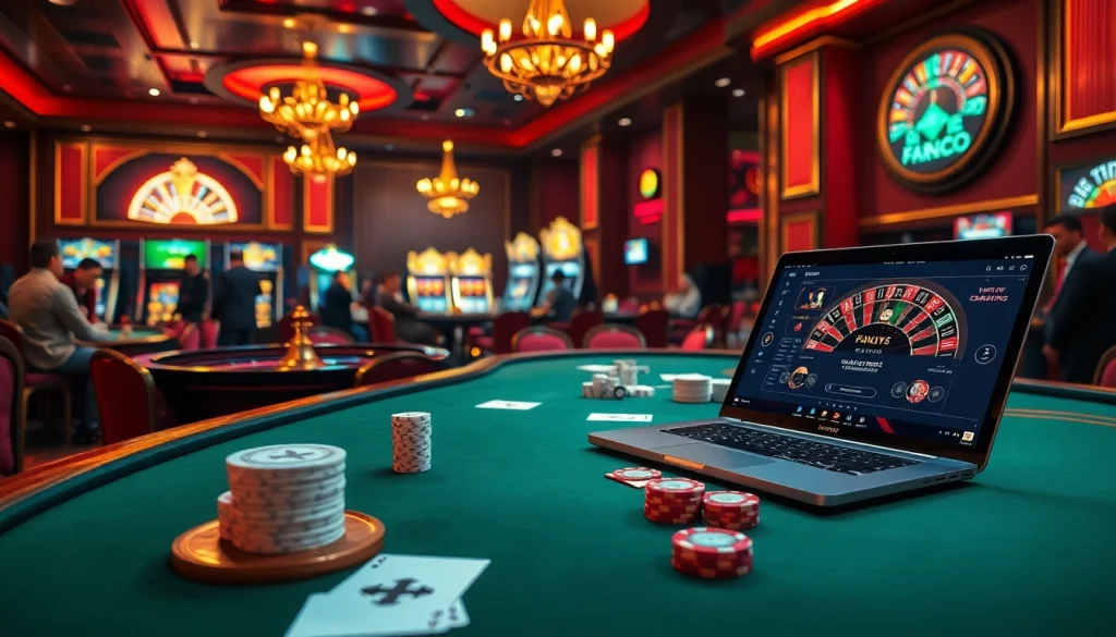 Experience the thrill of hidden wiki 2026 in this luxurious casino scene featuring poker tables, roulette wheels, and vibrant slot machines.