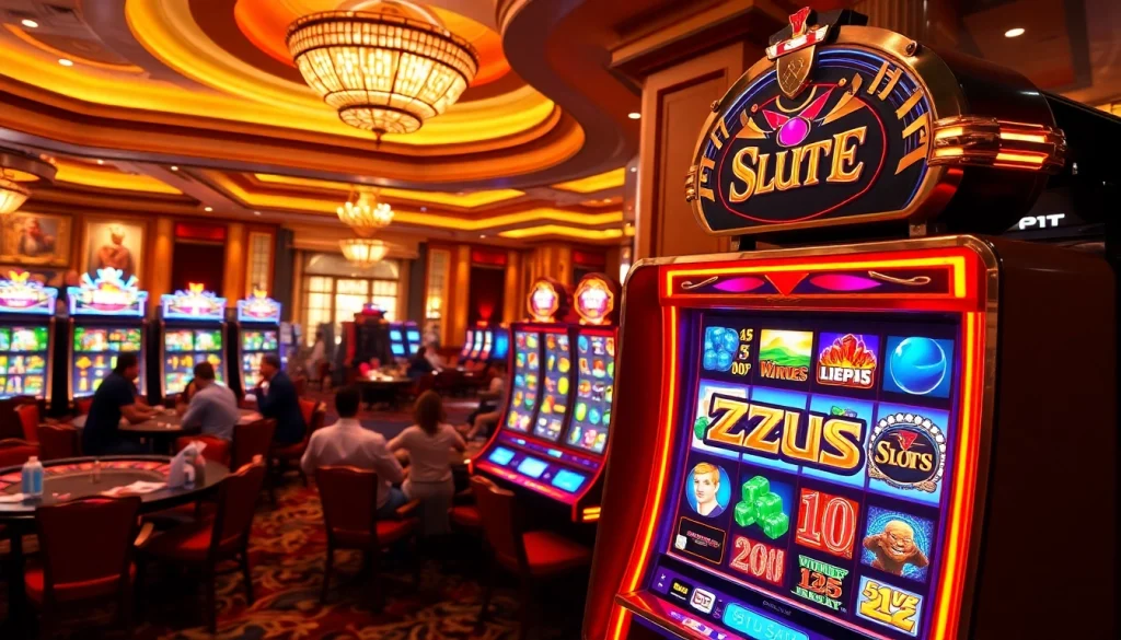 Experience thrilling gameplay on the Slot Zeus machine at a vibrant casino, showcasing excitement and luxury.