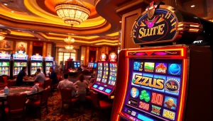 Experience thrilling gameplay on the Slot Zeus machine at a vibrant casino, showcasing excitement and luxury.